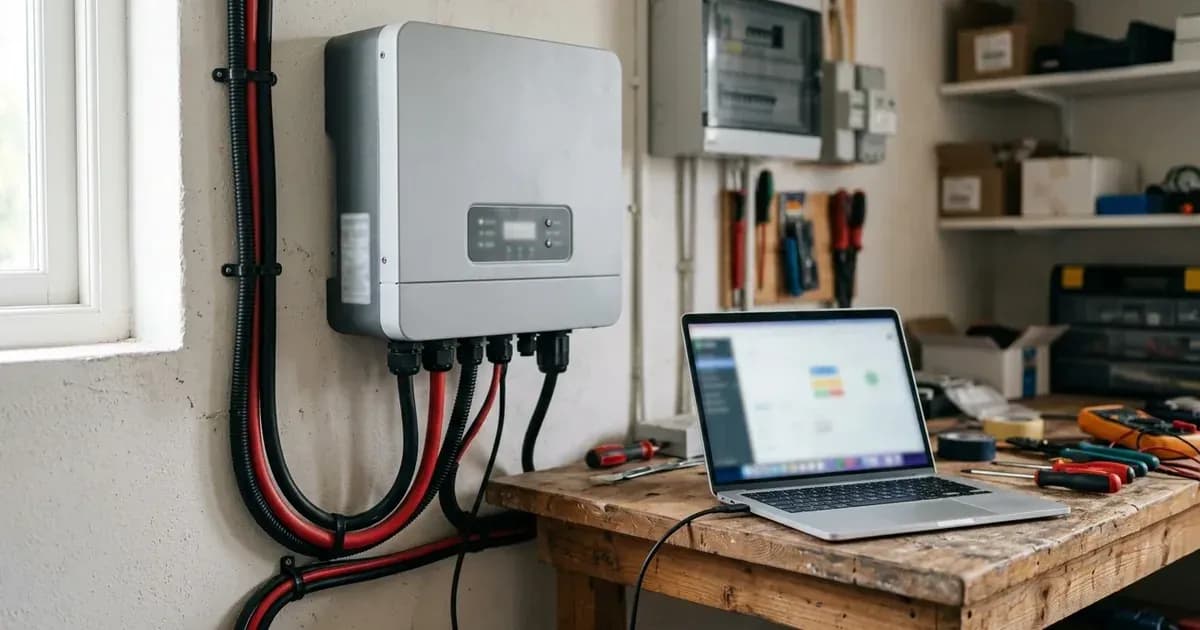 Solar inverter charger connected to a laptop on a utility workbench for system configuration. — SolarNevs spec card