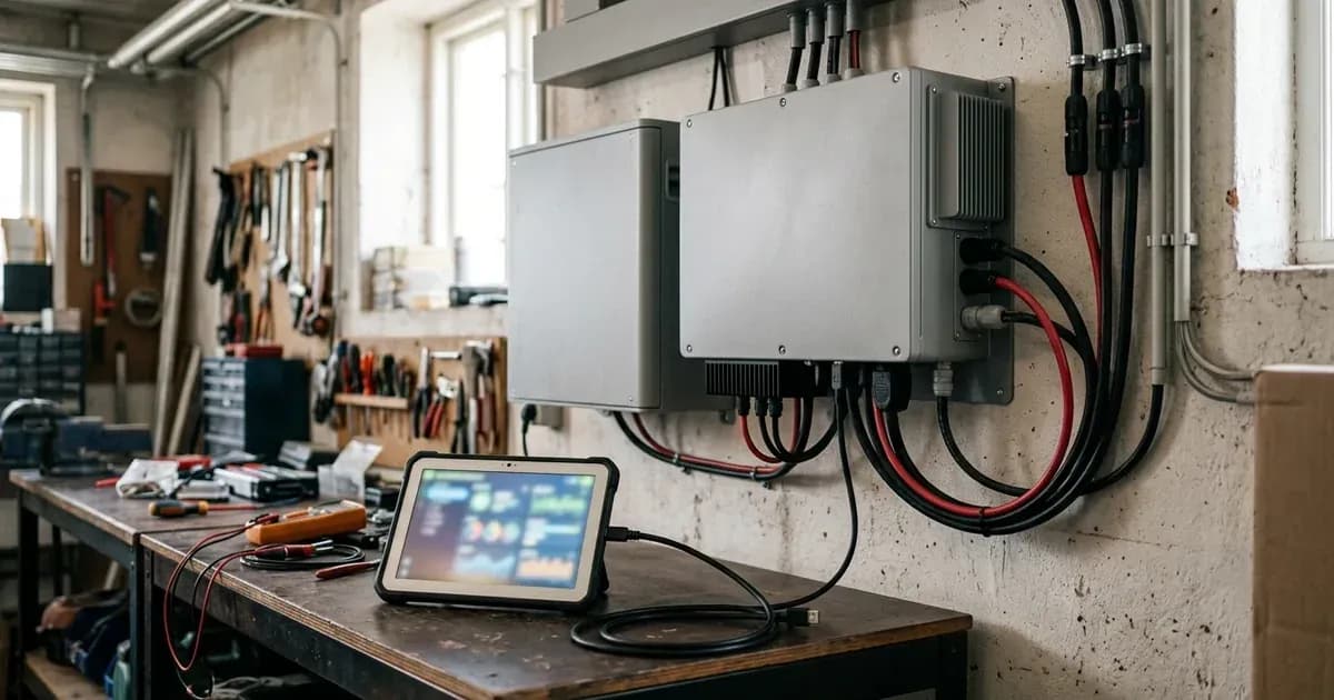 Solar inverter storage system connected to a tablet computer on a workshop bench. — SolarNevs spec card