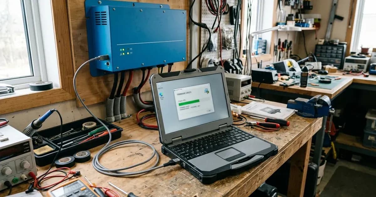 Laptop connected via data interface cable to a solar inverter on an electrical workshop bench. — SolarNevs spec card