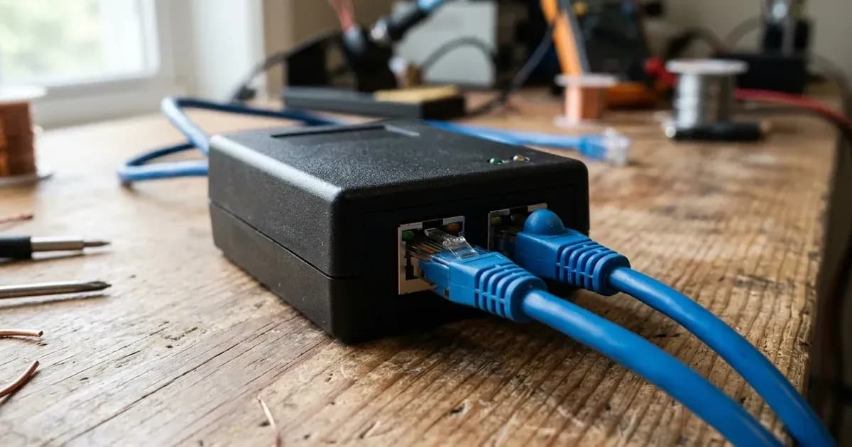 Black communication interface adapter module with blue network patch cables on an electrical workbench. — SolarNevs spec card
