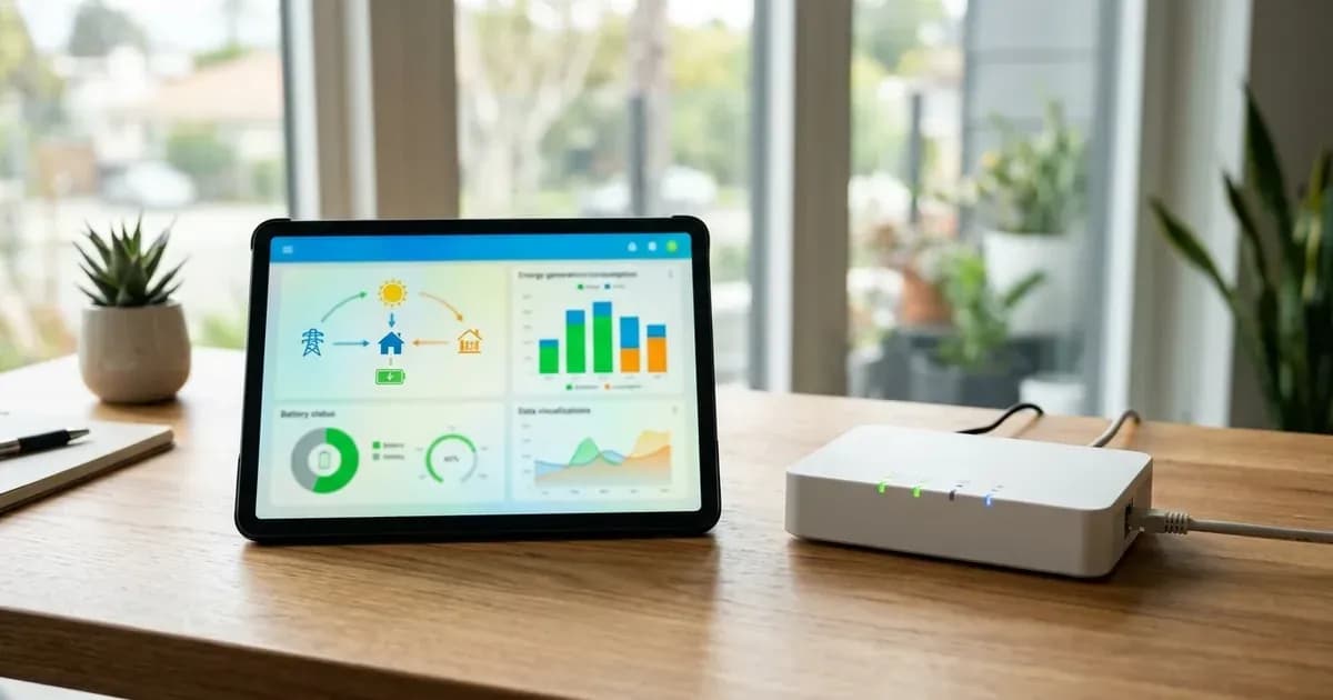 Tablet displaying a solar energy flow dashboard beside an unbranded communications gateway on a wooden desk. — SolarNevs spec card