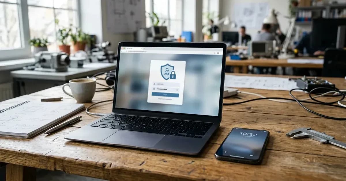 Laptop displaying a two-step verification portal screen beside a smartphone on an engineering workshop table. — SolarNevs spec card