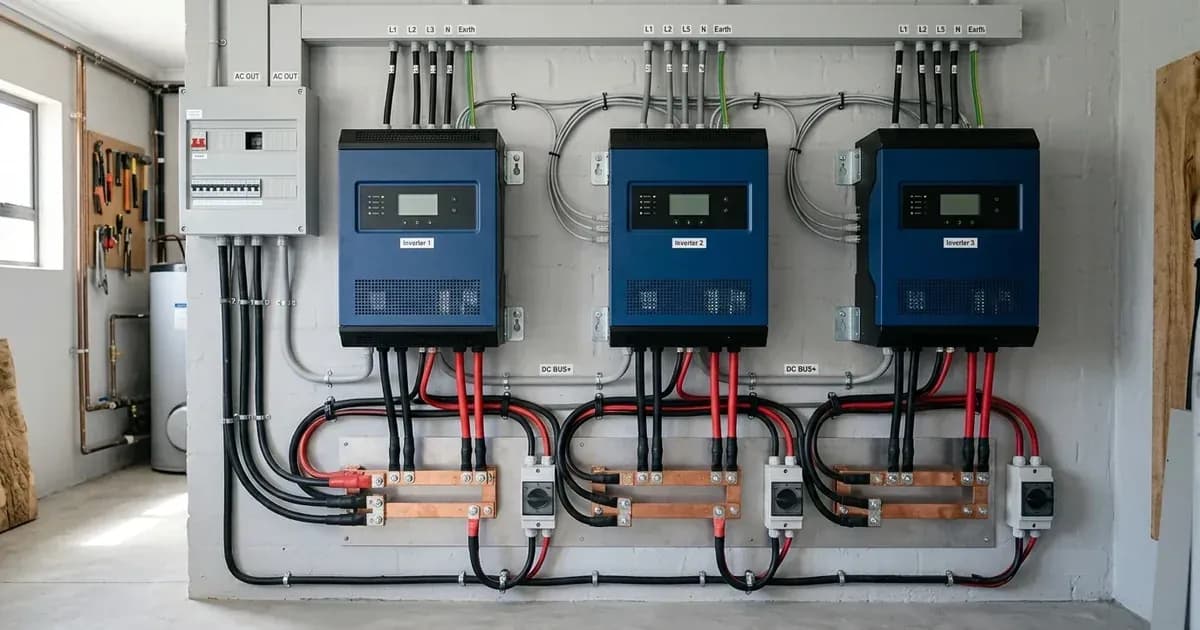 Three wall-mounted hybrid inverters wired side by side to DC busbars in a utility room. — SolarNevs spec card