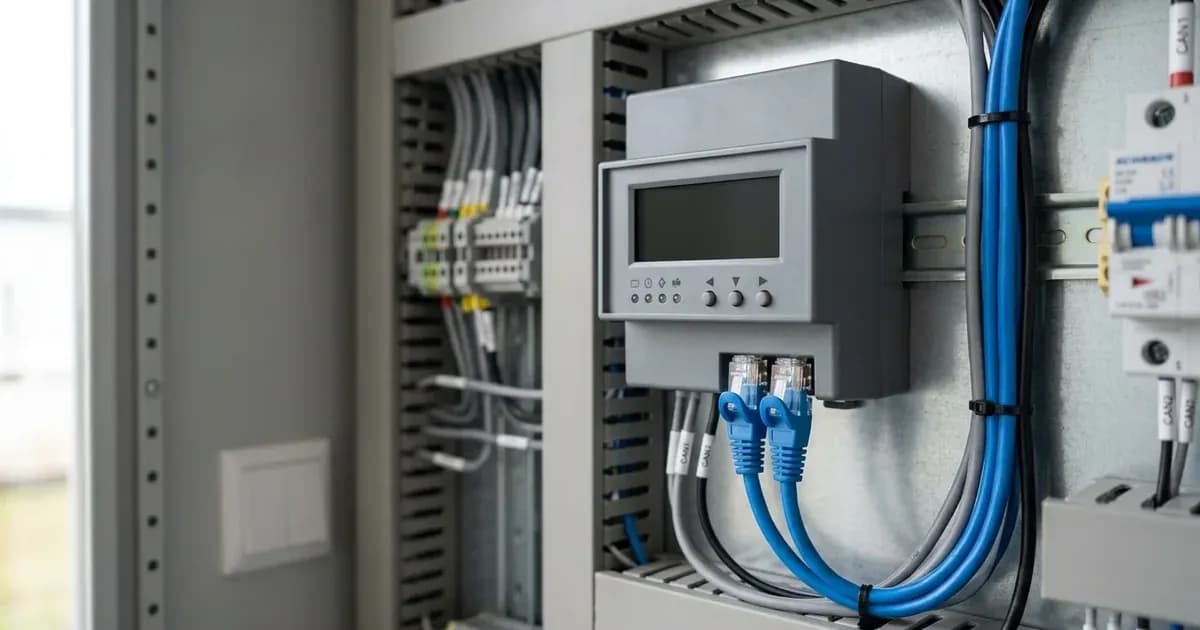 Compact data communication hub with network cables connected inside an electrical control enclosure. — SolarNevs spec card