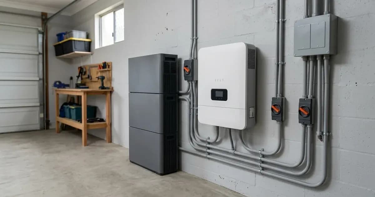 Residential solar inverter and modular lithium battery storage unit installed in a home garage. — SolarNevs spec card