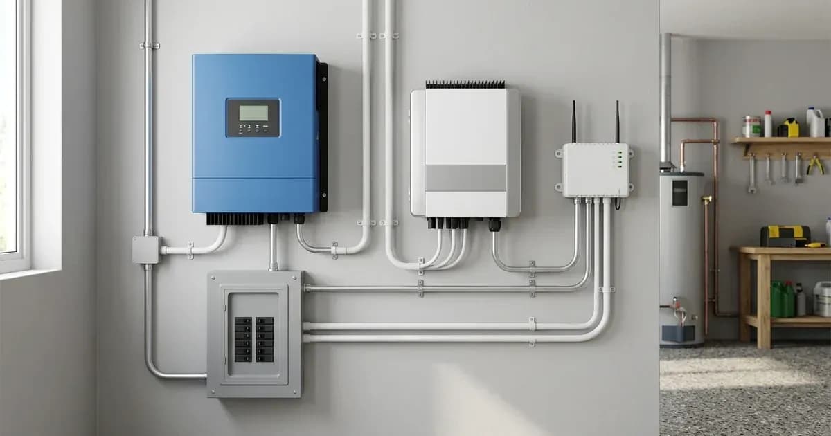 AC-coupled hybrid inverter-charger and solar string inverter installed on a utility room wall. — SolarNevs spec card