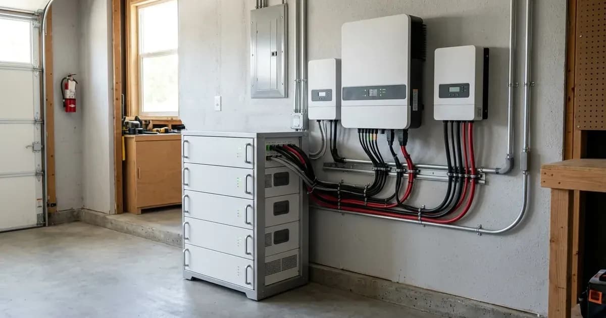 Modular lithium battery cabinet connected to wall-mounted hybrid inverter and controllers in a utility room. — SolarNevs spec card