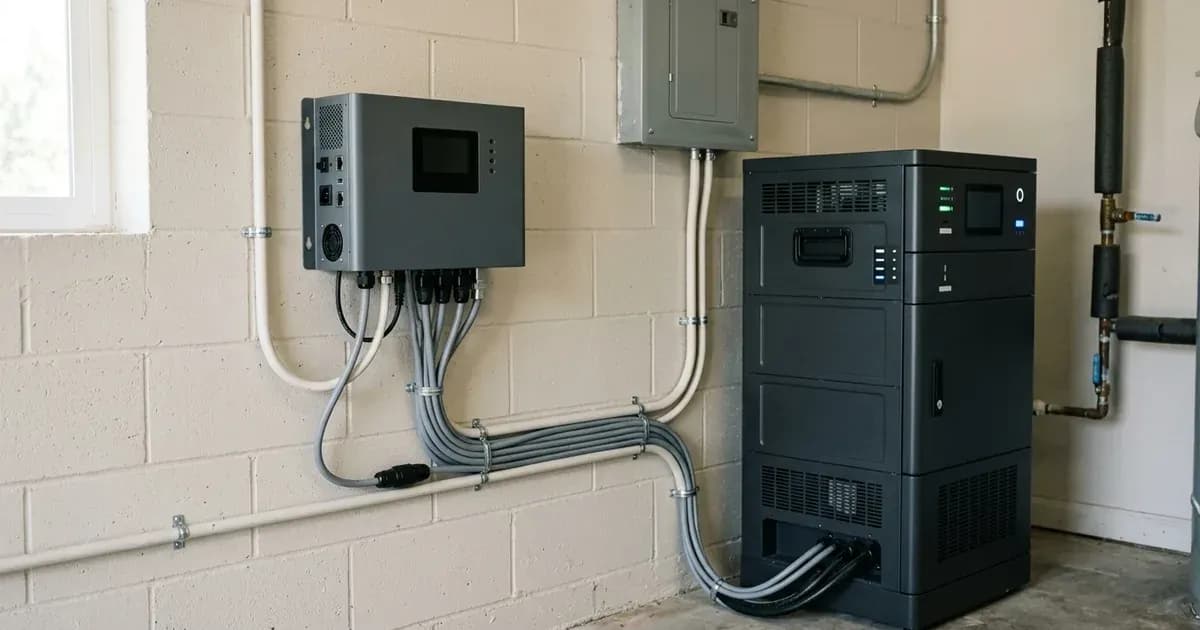 A solar communication controller connected via CAN-bus cable to a modular lithium battery cabinet in a utility room. — SolarNevs spec card