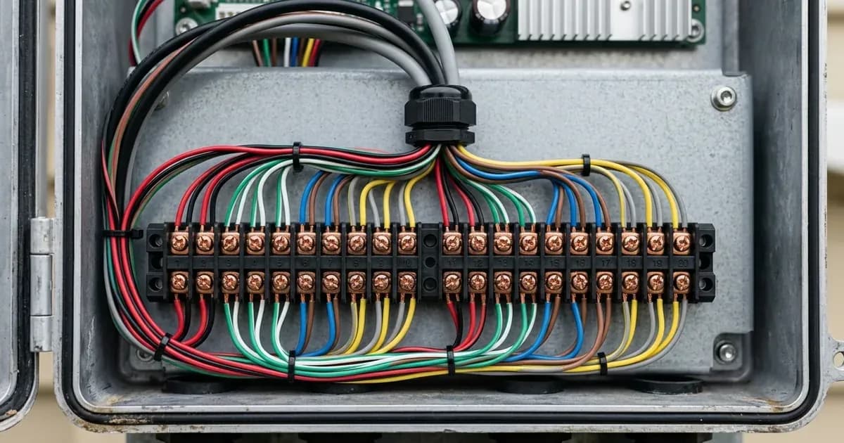 Close-up of sensor wire connections inserted into the terminal blocks of a power management controller. — SolarNevs spec card