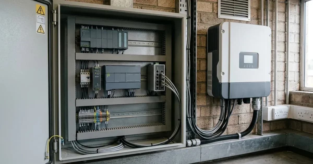 An electrical control cabinet with a solar hybrid inverter connected to an industrial automation controller. — SolarNevs spec card