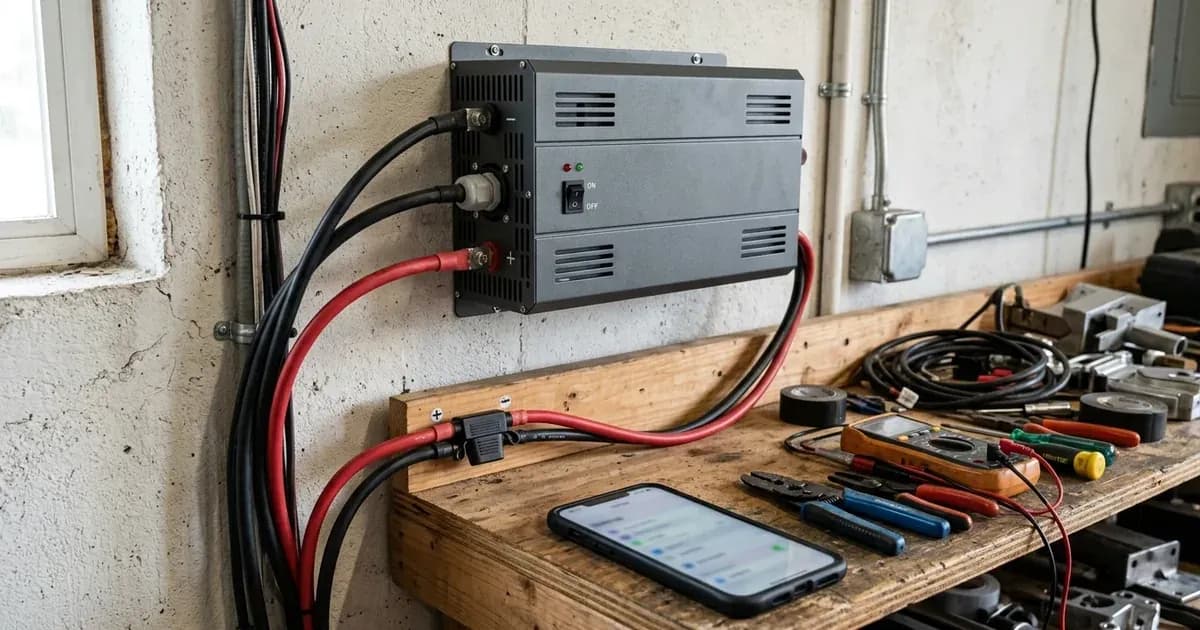 A standalone sine wave inverter mounted on a wall with heavy DC cabling and a smartphone on a workbench. — SolarNevs spec card