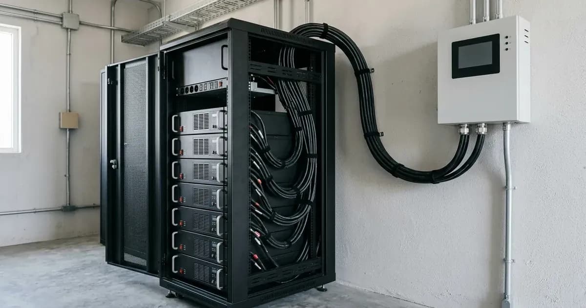 Rack-mounted lithium battery modules connected with communication cables to a wall-mounted controller. — SolarNevs spec card