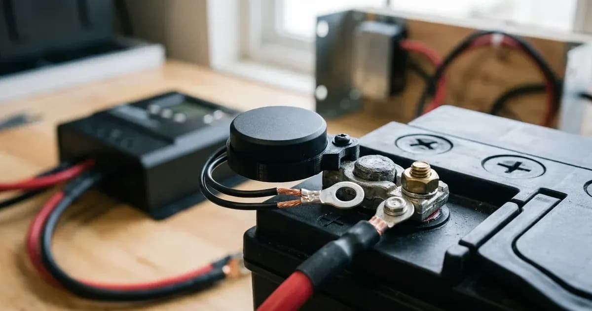 Wireless temperature and voltage sensor puck mounted next to solar battery terminal with ring lugs. — SolarNevs spec card
