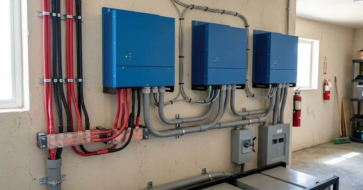 Three parallel blue inverters mounted on a wall with busbars, DC cabling, and communication wiring. — SolarNevs spec card