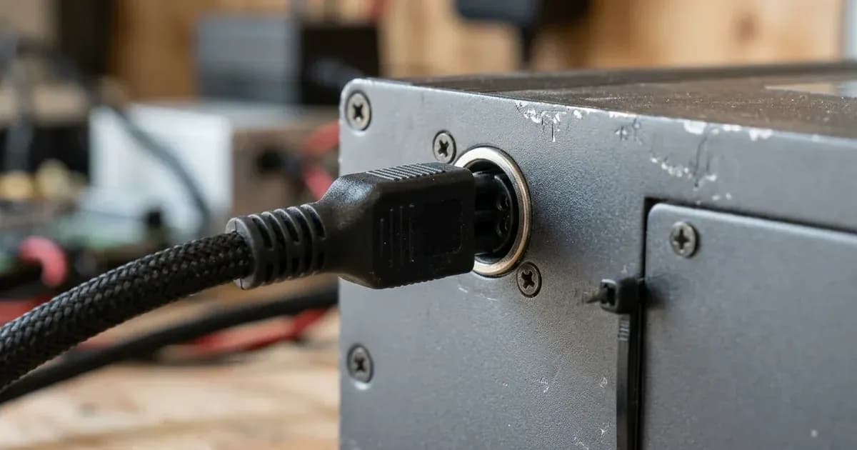 Close-up of a data communication cable plugged into a solar equipment interface port. — SolarNevs spec card