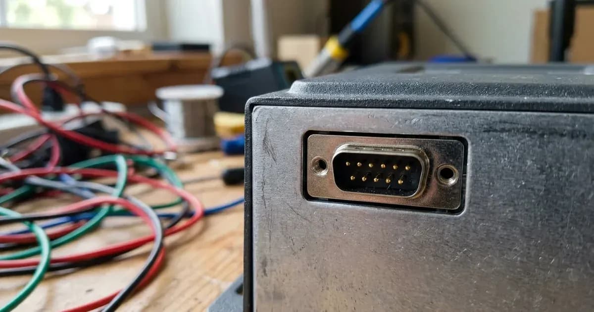 Macro view of a serial communication interface socket on a solar controller enclosure. — SolarNevs spec card