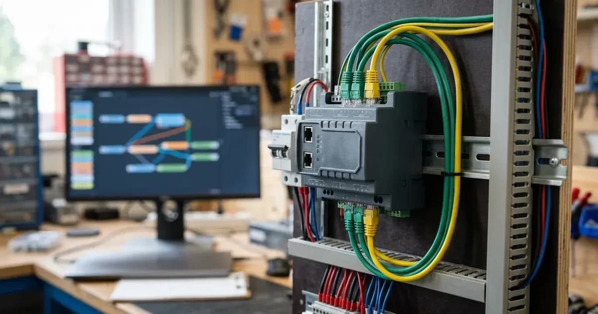 DIN-rail automation controller module with Ethernet cables beside a monitor showing node workflow graphics. — SolarNevs spec card