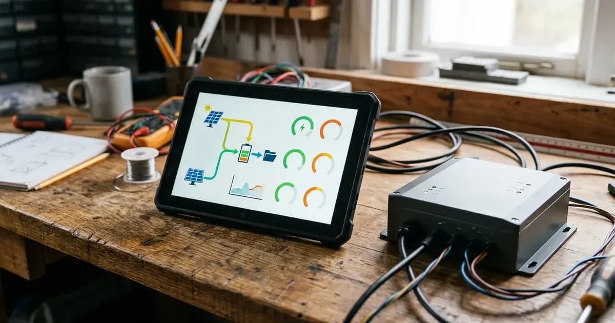 Tablet displaying graphical solar telemetry dashboard beside a connected energy monitoring gateway box. — SolarNevs spec card