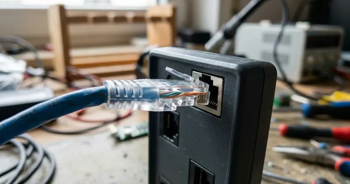 Ethernet network cable plugged into the RJ45 communication port of a solar gateway hub. — SolarNevs spec card