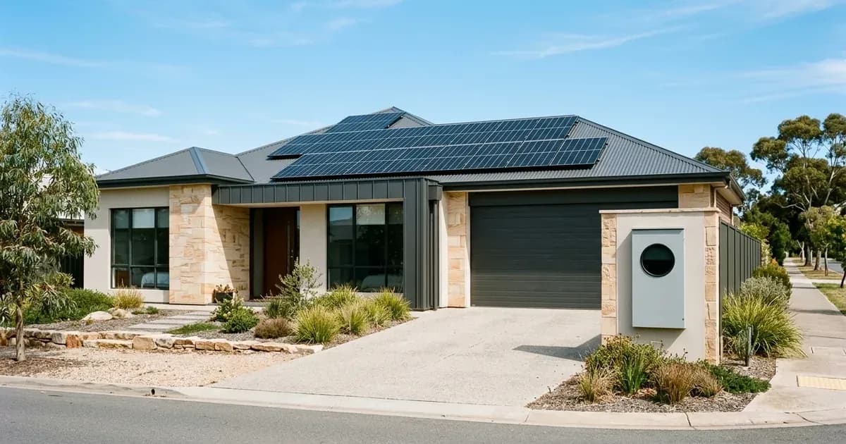 Rooftop solar panel array and exterior electrical service meter on a South Australian home. — SolarNevs spec card
