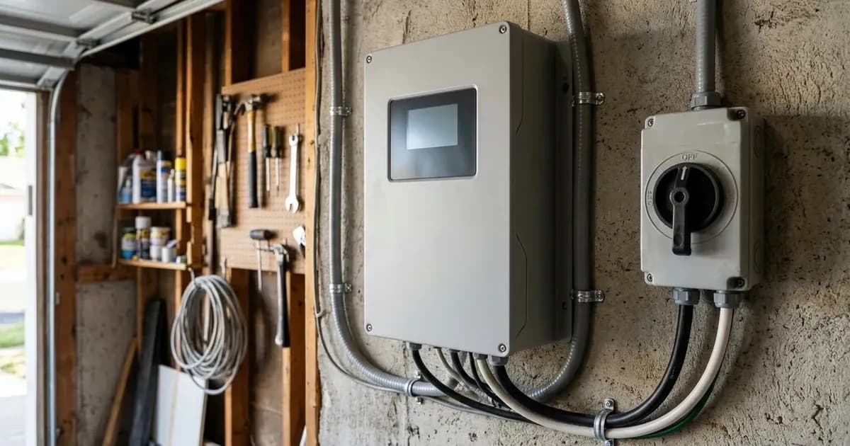 Wall-mounted solar inverter and AC rotary isolator switch installed in a garage utility space. — SolarNevs spec card