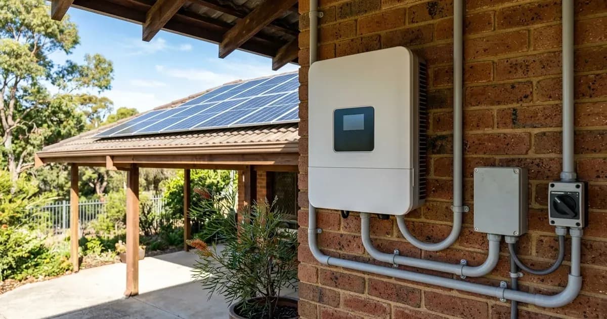 Outdoor solar inverter mounted on a patio wall with rooftop solar panels in Western Australia. — SolarNevs spec card
