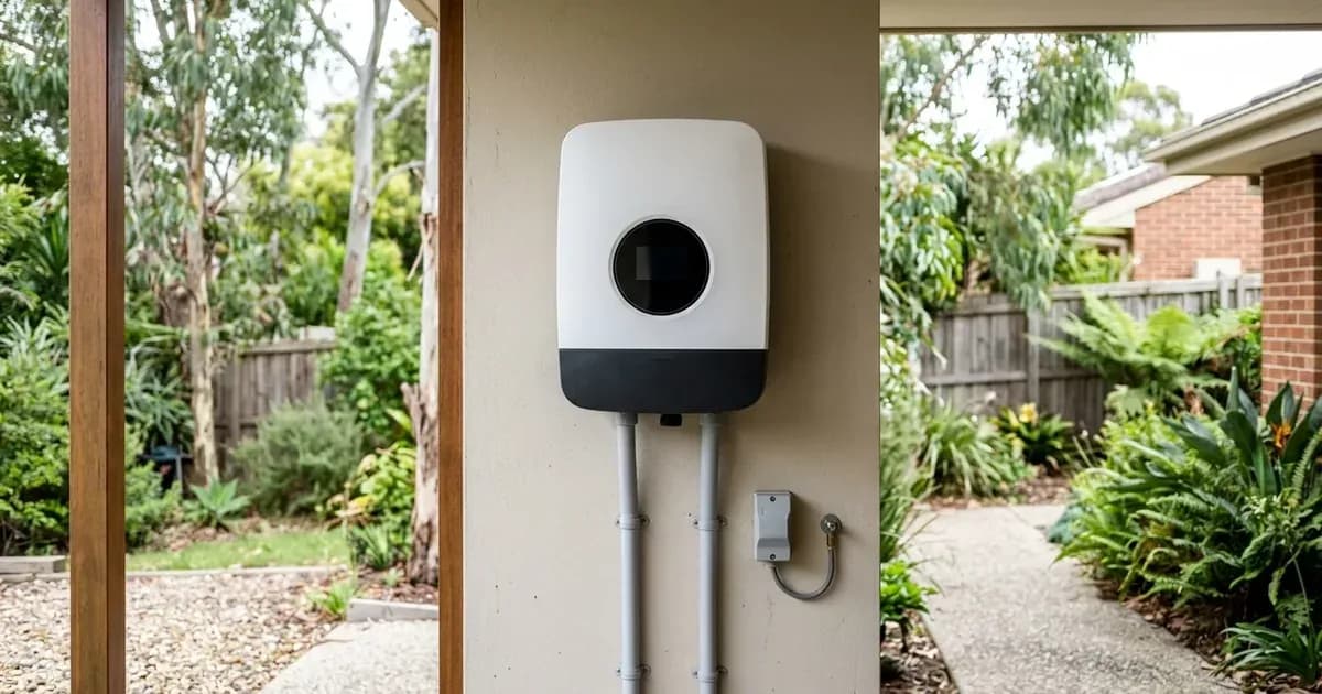 Solar string inverter mounted on an exterior wall with Australian garden foliage in the background. — SolarNevs spec card