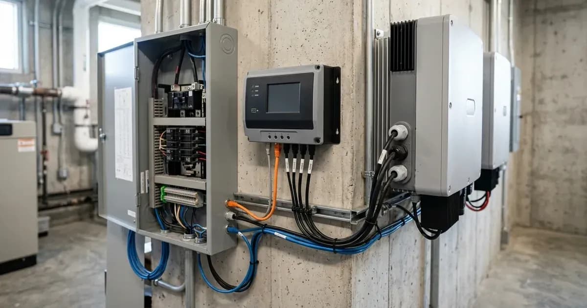 Solar monitoring controller and communication cabling connected to an electrical inverter panel. — SolarNevs spec card
