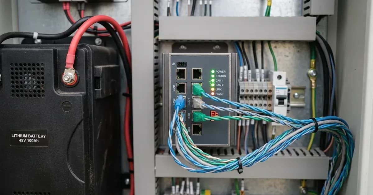 Solar communication gateway controller connected with CAN-bus data cables beside a battery storage module. — SolarNevs spec card