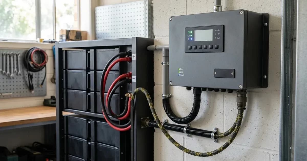 Wall-mounted solar communication hub wired with shielded CAN-bus cable to an energy storage battery unit. — SolarNevs spec card