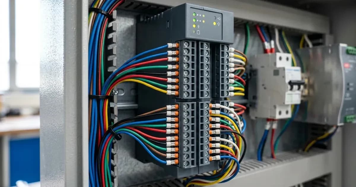 Industrial IO expansion controller with color-coded wiring connected to screw terminal blocks. — SolarNevs spec card