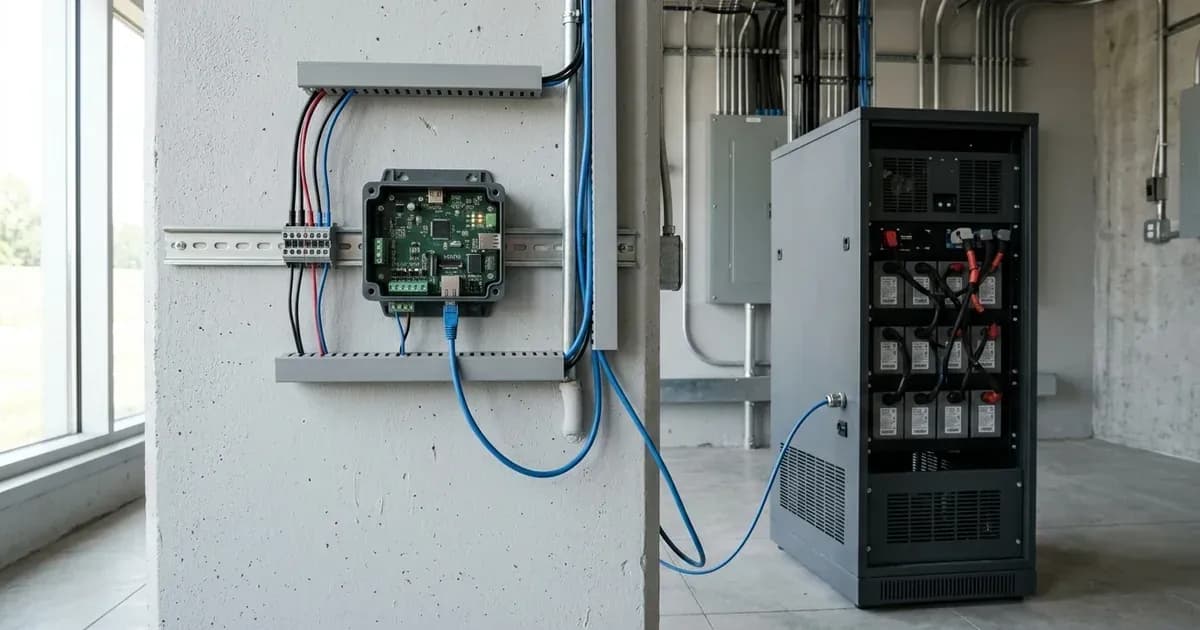 DIN-rail mounted solar gateway connected via communication cable to a lithium battery cabinet. — SolarNevs spec card