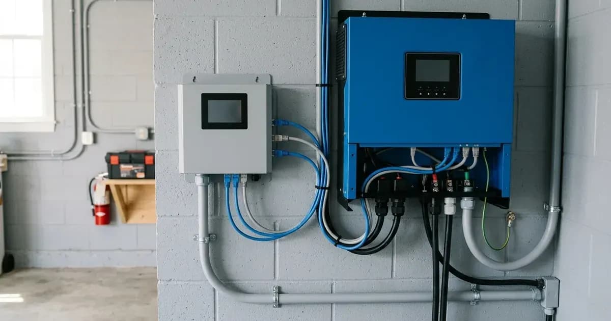 Solar energy storage controller connected via network communication cables to a wall-mounted hybrid inverter. — SolarNevs spec card