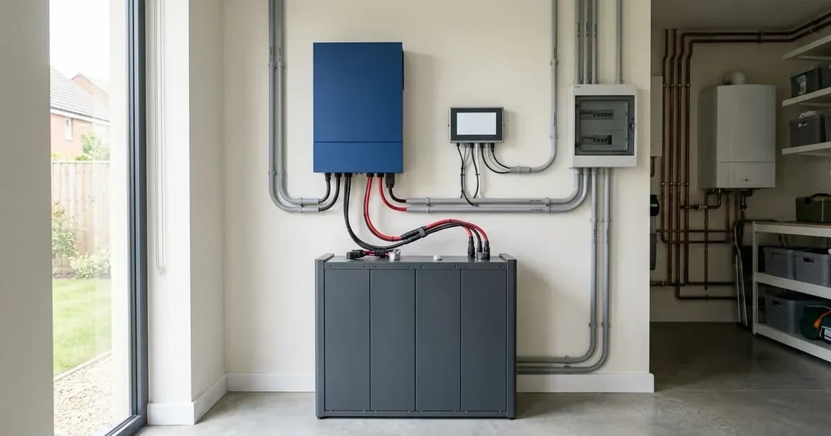 Residential energy storage installation with wall inverter, communication controller, and floor battery bank. — SolarNevs spec card