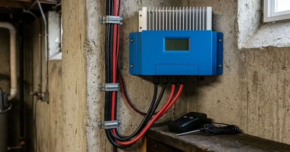 Solar charge controller with cooling heatsink fins and DC wiring installed on a concrete wall. — SolarNevs spec card