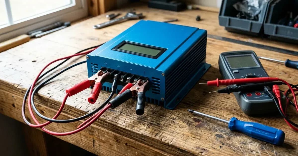 Solar charge controller with DC test clips and digital multimeter on an electrical diagnostic workbench. — SolarNevs spec card