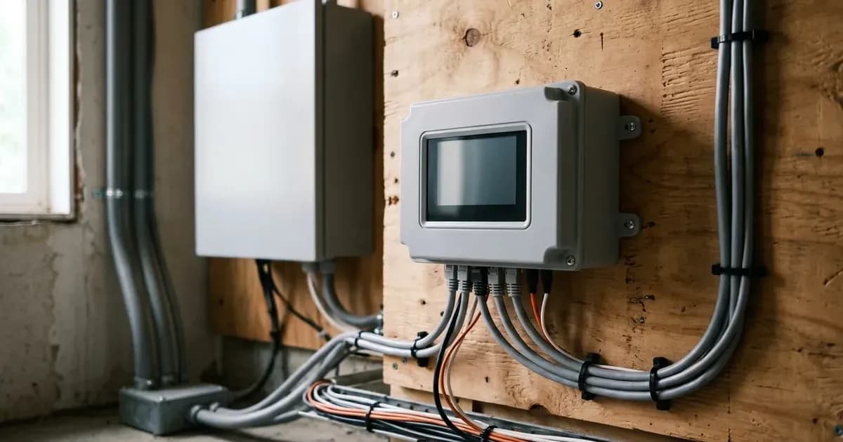 Solar system monitoring gateway and communication wiring mounted on an electrical panel board. — SolarNevs spec card