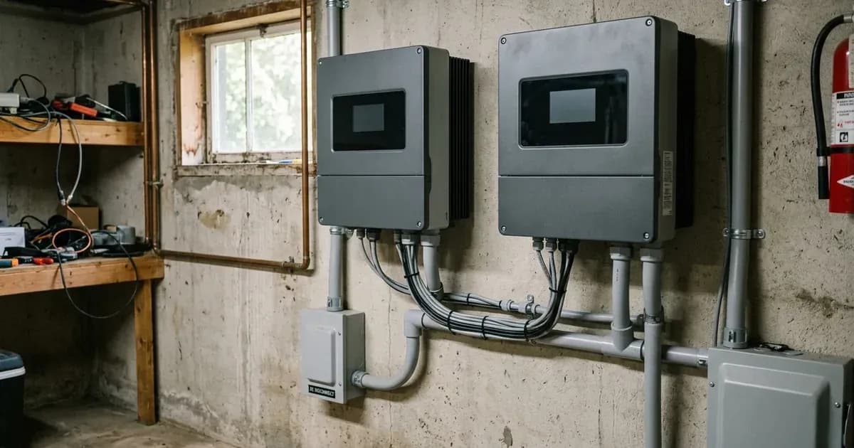Two wall-mounted solar inverters connected with conduit and communication wiring in a utility room. — SolarNevs spec card