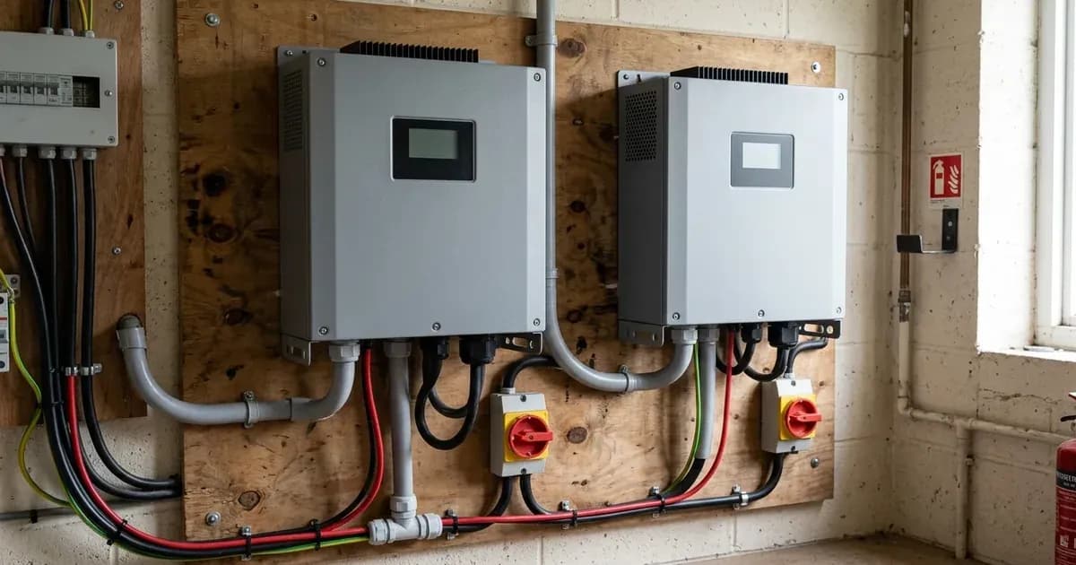 Two solar inverters mounted side by side with isolator switches and electrical conduit in a utility room. — SolarNevs spec card