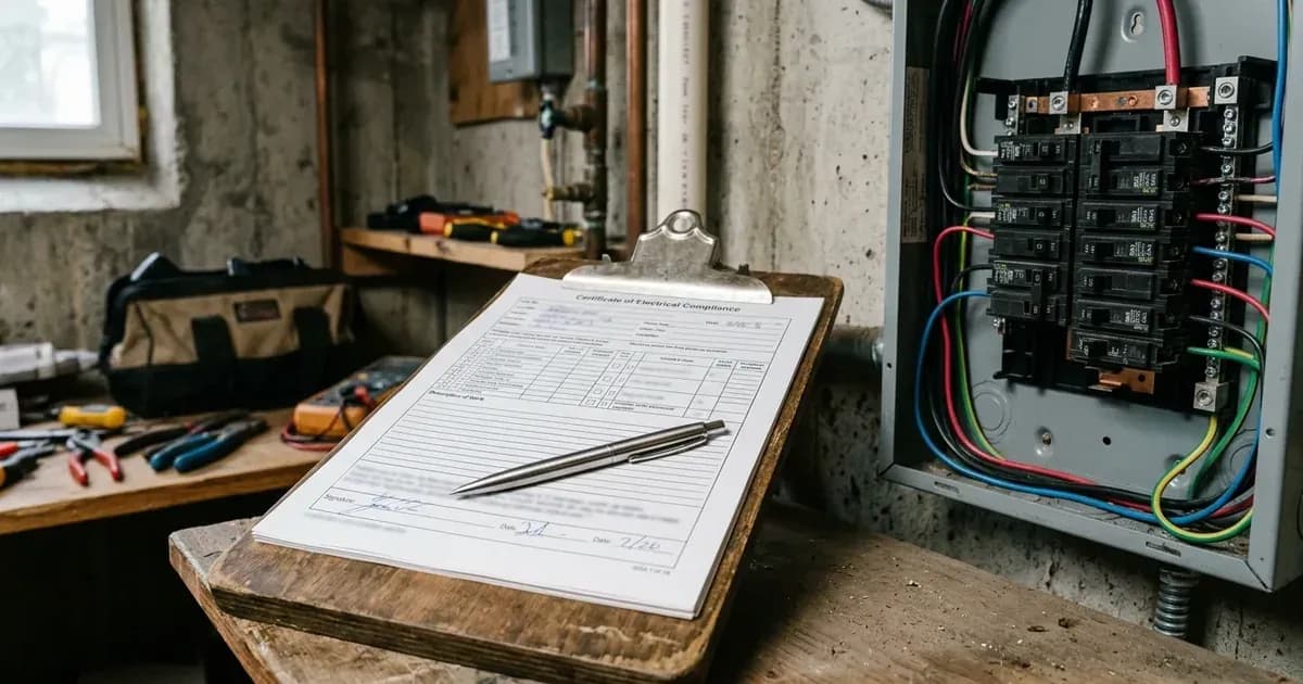 Electrical compliance certificate on a clipboard with a pen beside an open distribution board in a workshop. — SolarNevs spec card