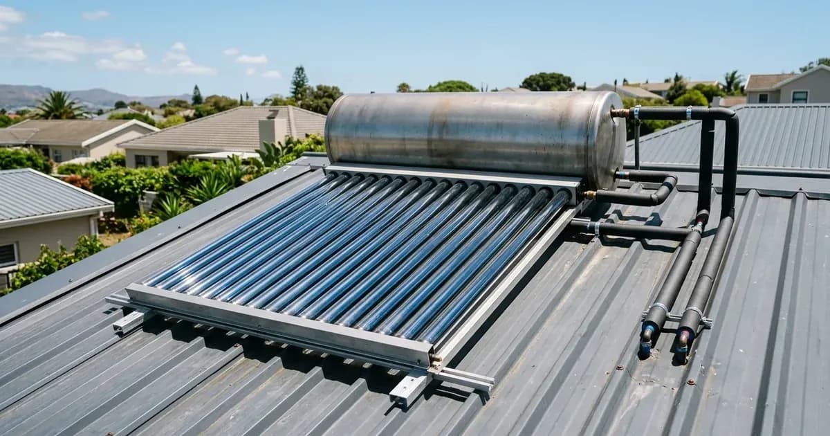 Solar geyser tank and evacuated tube collector installed on a residential metal roof in South Africa. — SolarNevs spec card