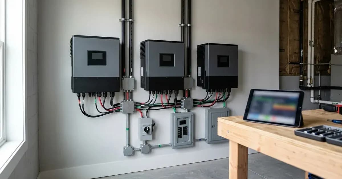 Three unbranded solar inverters mounted side by side on a utility wall with a tablet on a workbench. — SolarNevs spec card