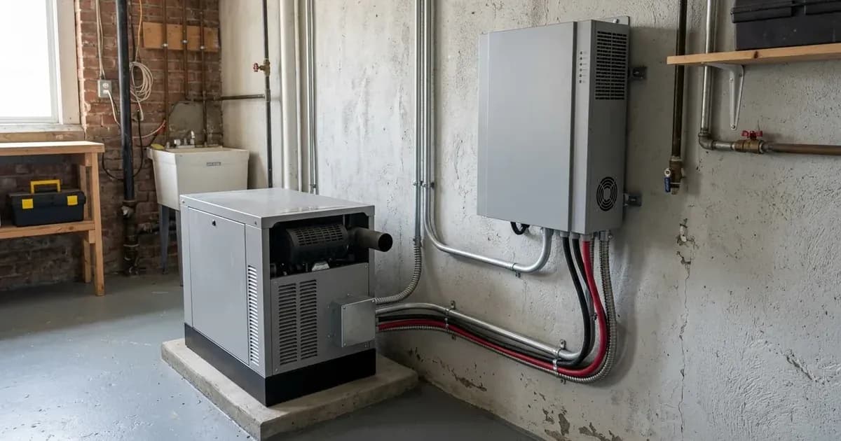 An unbranded wall-mounted inverter charger connected to a backup generator via electrical conduits. — SolarNevs spec card