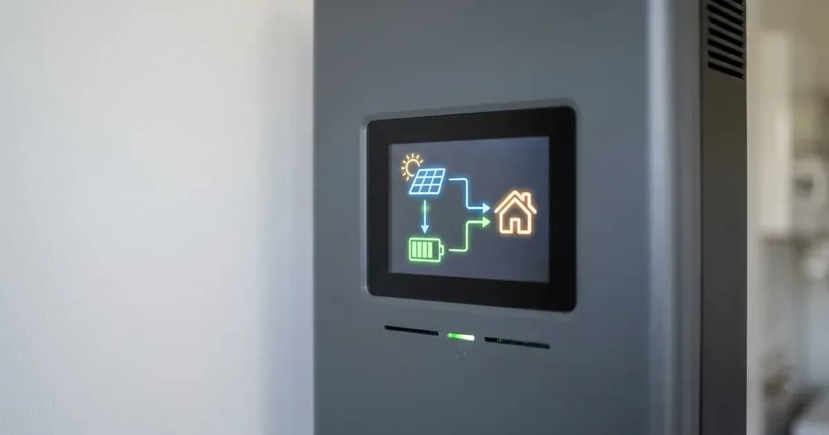 Close-up of a touchscreen display on an unbranded solar inverter showing power flow graphics. — SolarNevs spec card