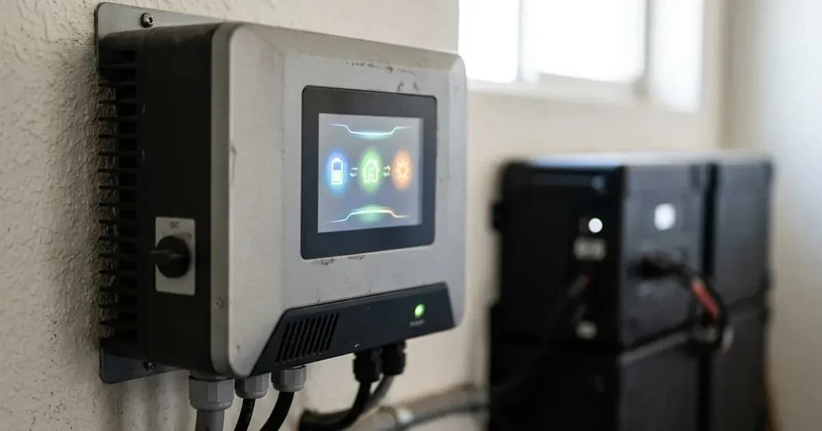An unbranded solar inverter with a graphical screen display mounted on a wall with batteries in the background. — SolarNevs spec card