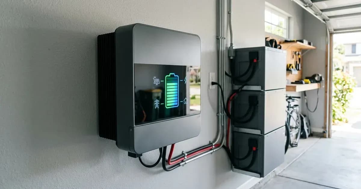 Close-up of an unbranded hybrid inverter display showing battery charge graphics next to battery modules. — SolarNevs spec card