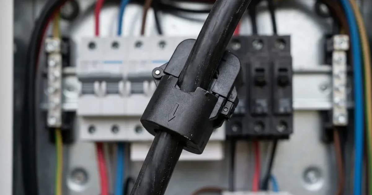 Close-up of a split-core CT clamp sensor clipped onto an insulated electrical cable in a breaker box. — SolarNevs spec card