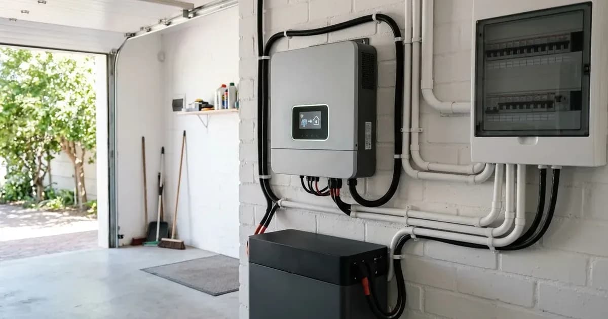 Wall-mounted hybrid solar inverter displaying power flow graphic next to a distribution board in a garage. — SolarNevs spec card
