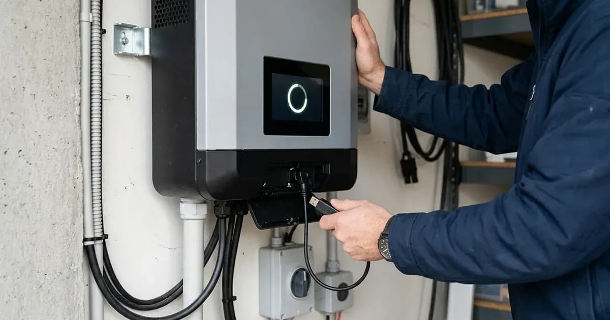 Technician performing a firmware update on a wall-mounted solar inverter with a service tool. — SolarNevs spec card