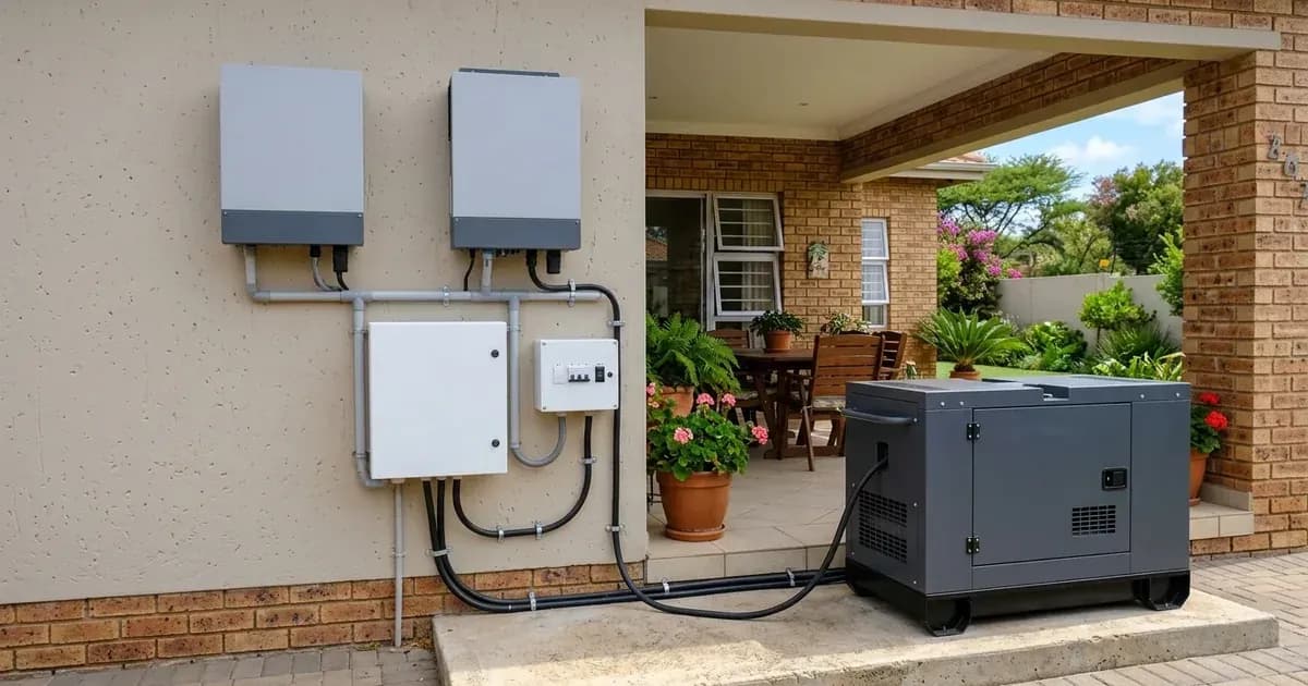 Outdoor residential solar inverter and electrical transfer panel wired to a standby backup generator. — SolarNevs spec card